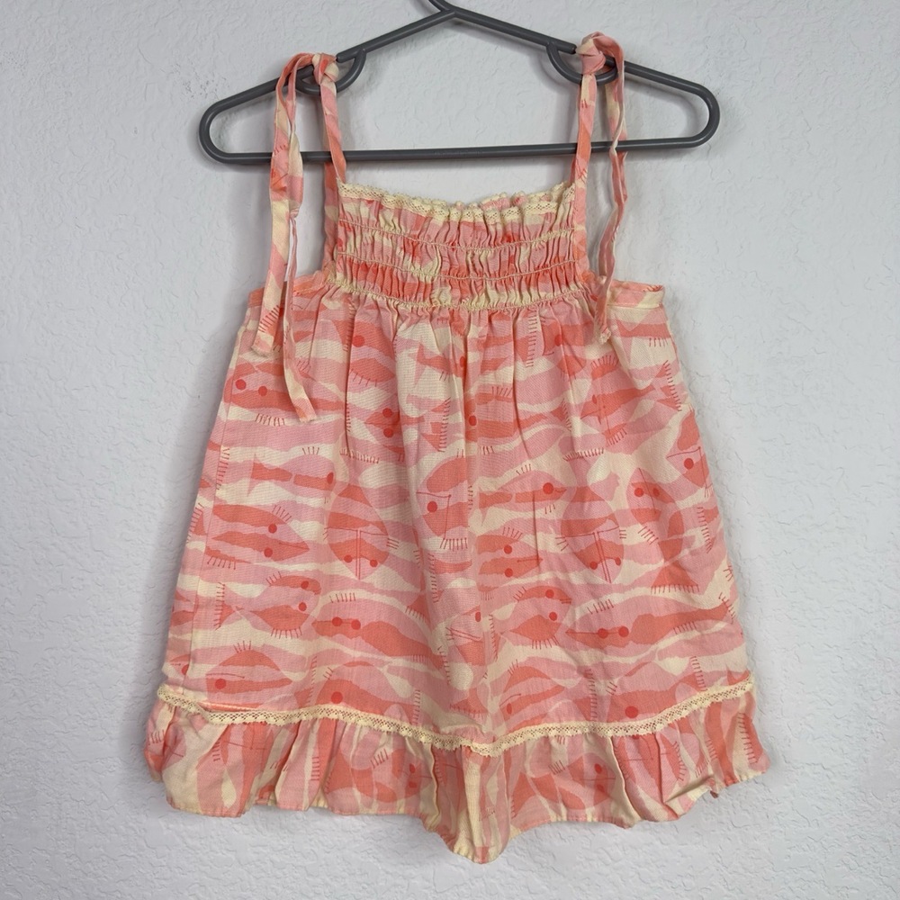 Her Majesty Dress Girls 4 Pink Cream Smocked Ruffle Fish VTG 70s 80s Summer Boho